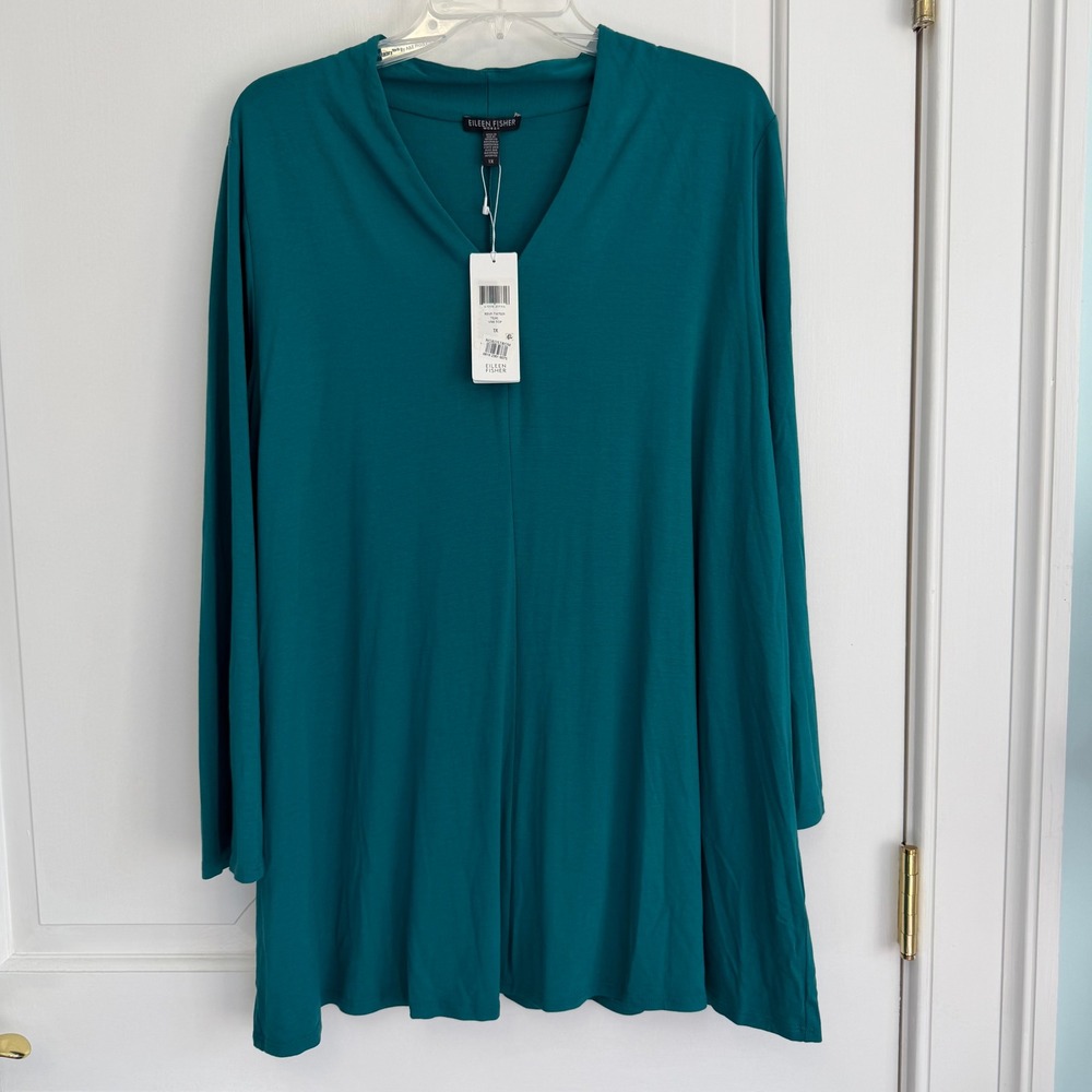 Eileen Fisher V-Neck Tunic Top Womens 1X Teal